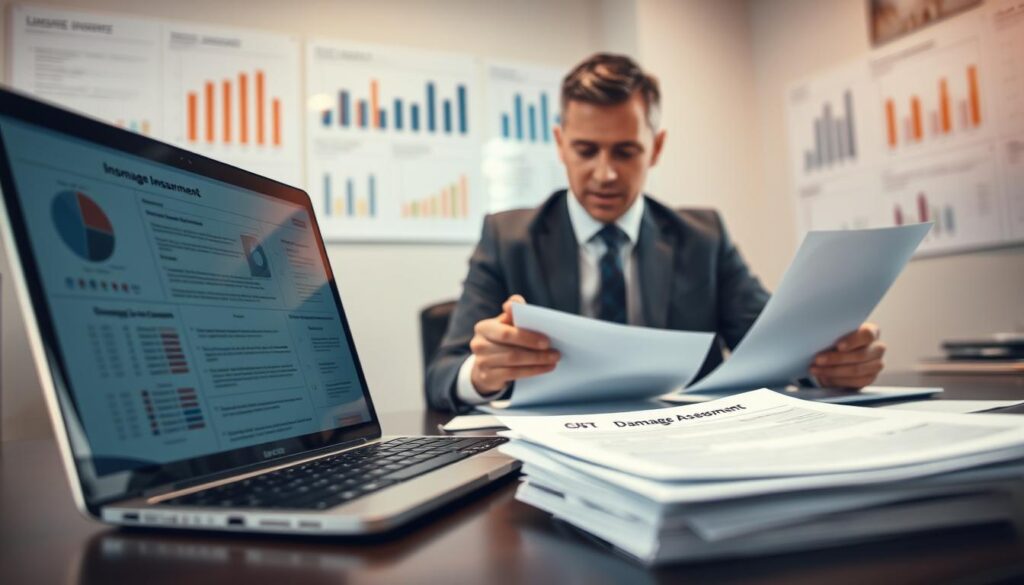 A professional insurance consultant analyzing a car accident claim in an office environment. In the foreground, focus on a neatly organized desk with a laptop displaying a detailed claims report and a stack of papers labeled "Damage Assessment." In the middle ground, the consultant, dressed in formal business attire, examines the documents intently, looking thoughtful and engaged. The background shows a wall with charts and graphs illustrating insurance trends, bathed in soft, natural light from a nearby window, creating a warm atmosphere. Use a shallow depth of field to blur the background slightly, enhancing the subject's presence. The overall mood is serious and analytical, reflecting the complexities of automotive insurance and claims processing.