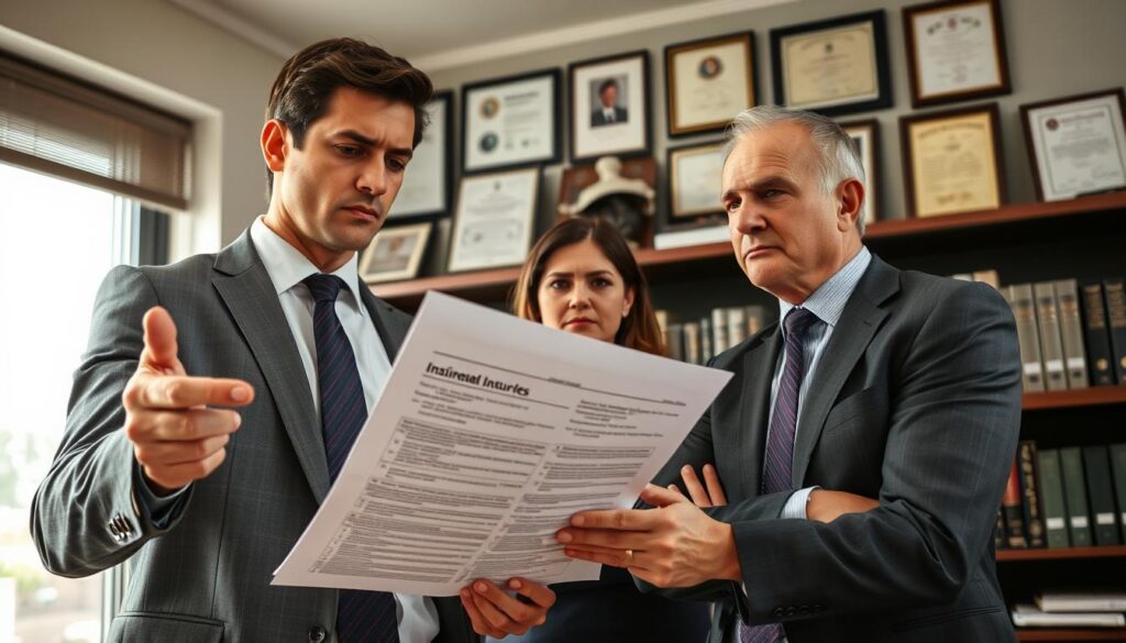 A professional insurance office environment, featuring a serious discussion between two individuals in business attire. In the foreground, a confident insurance agent gestures toward a stack of paperwork detailing claims and denial reasons. In the middle, a concerned client listens attentively, with a frown emphasizing their frustration over claim denial. The background shows shelves filled with insurance books, certificates on the walls, and a large window allowing natural light to illuminate the scene, creating a somber yet professional atmosphere. The image captures the tension and complexity of insurance discussions, with a focus on the themes of claim denial and the insurance process. Soft, diffused lighting highlights the expressions of the individuals, suggesting a moment of realization or understanding. A professional insurance office environment, featuring a serious discussion between two individuals in business attire. In the foreground, a confident insurance agent gestures toward a stack of paperwork detailing claims and denial reasons. In the middle, a concerned client listens attentively, with a frown emphasizing their frustration over claim denial. The background shows shelves filled with insurance books, certificates on the walls, and a large window allowing natural light to illuminate the scene, creating a somber yet professional atmosphere. The image captures the tension and complexity of insurance discussions, with a focus on the themes of claim denial and the insurance process. Soft, diffused lighting highlights the expressions of the individuals, suggesting a moment of realization or understanding.