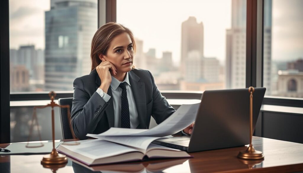 A professional lawyer in business attire, sitting at a modern desk cluttered with legal documents and a laptop, reviewing a case about victims' rights. In the background, a large window shows a cityscape, indicating a bustling urban environment. Soft, natural light pours in, casting gentle shadows that create a contemplative mood. On the desk, a scale of justice symbol and an open law book can be seen, emphasizing the theme of legal rights for victims. The composition should focus on the lawyer's thoughtful expression as they analyze important information, suggesting a narrative of empowerment and advocacy for victims. The overall atmosphere is serious yet hopeful, capturing the essence of legal rights and support.