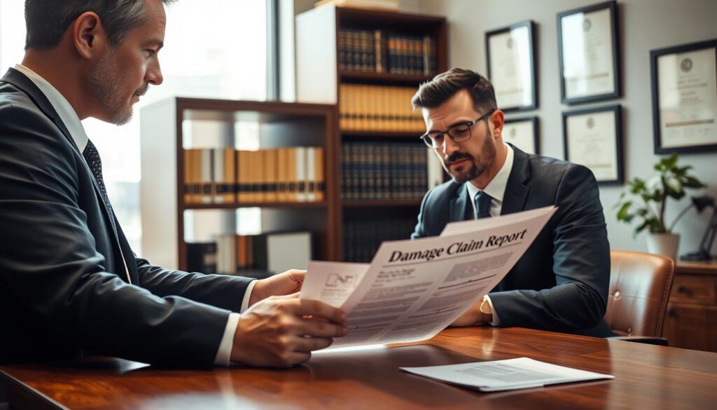 A professional legal office scene depicting the process of filing an insurance damage claim. In the foreground, a well-dressed lawyer in a dark suit is reviewing a document titled "Damage Claim Report," leaning on a polished wooden desk. The middle ground features a large window with natural light pouring in, illuminating a bookshelf filled with legal texts. A client, dressed in business casual, is seated across from the lawyer, looking attentively at the document. The background shows modern office decor with framed legal diplomas and a small potted plant. The atmosphere is focused and serious, conveying professionalism and trust. Use warm lighting to create a welcoming yet serious mood, captured from a slightly elevated angle to emphasize the interaction.