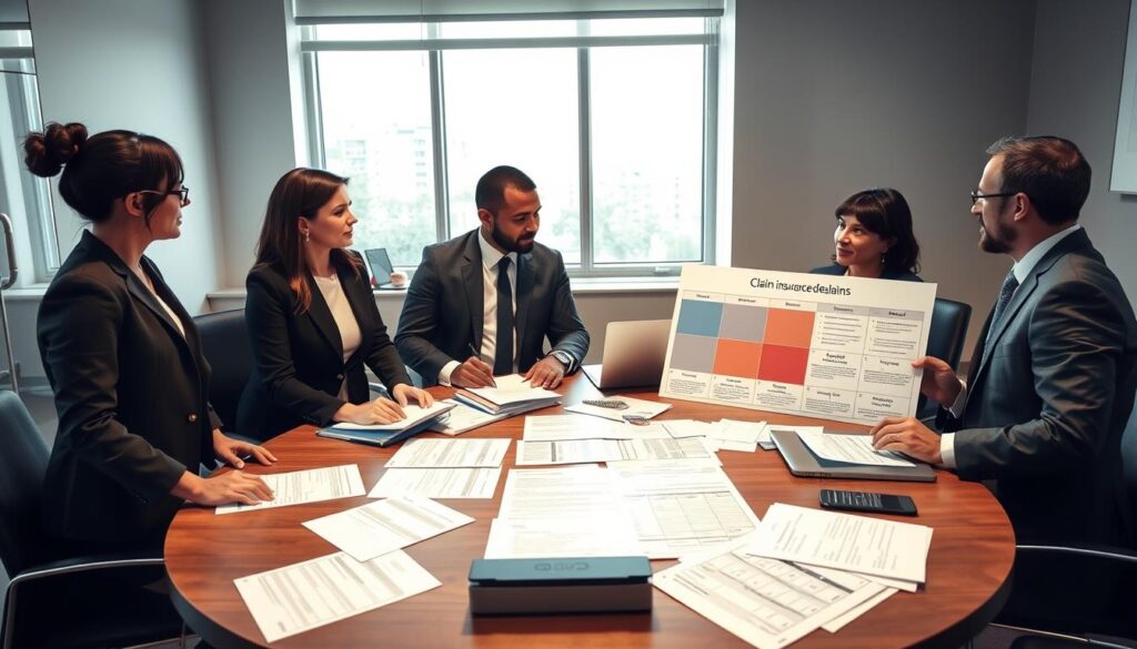 A professional meeting room setting with a focus on a diverse group of four business professionals discussing documents and legal papers related to insurance claims. In the foreground, a woman in a smart business suit is pointing at a chart illustrating reasons for claim denials, while a man in a tailored suit takes notes. The middle ground features a large, round conference table cluttered with paperwork and laptops. In the background, a large window lets in natural light, creating an inviting atmosphere. The overall mood is serious and focused, emphasizing the importance of understanding claim processes. The image should capture a sense of collaboration and problem-solving without any text or branding elements. A professional meeting room setting with a focus on a diverse group of four business professionals discussing documents and legal papers related to insurance claims. In the foreground, a woman in a smart business suit is pointing at a chart illustrating reasons for claim denials, while a man in a tailored suit takes notes. The middle ground features a large, round conference table cluttered with paperwork and laptops. In the background, a large window lets in natural light, creating an inviting atmosphere. The overall mood is serious and focused, emphasizing the importance of understanding claim processes. The image should capture a sense of collaboration and problem-solving without any text or branding elements.
