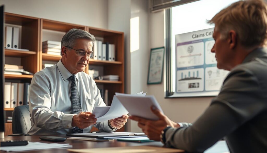 A professional office environment depicting a meeting between an insurance adjuster and a policyholder. In the foreground, the adjuster, a middle-aged individual in professional attire, is reviewing documents on a desk, emanating an air of focus and authority. The middle ground features a large window with natural light flooding in, casting soft shadows that create a calm atmosphere. In the background, shelves filled with insurance manuals and a chart illustrating claims processes are visible. The mood is serious yet hopeful, reflecting the determination to resolve claims disputes. The lighting is warm, suggesting an inviting, professional space, and the angle is slightly elevated, capturing both individuals engaged in discussion. A professional office environment depicting a meeting between an insurance adjuster and a policyholder. In the foreground, the adjuster, a middle-aged individual in professional attire, is reviewing documents on a desk, emanating an air of focus and authority. The middle ground features a large window with natural light flooding in, casting soft shadows that create a calm atmosphere. In the background, shelves filled with insurance manuals and a chart illustrating claims processes are visible. The mood is serious yet hopeful, reflecting the determination to resolve claims disputes. The lighting is warm, suggesting an inviting, professional space, and the angle is slightly elevated, capturing both individuals engaged in discussion.