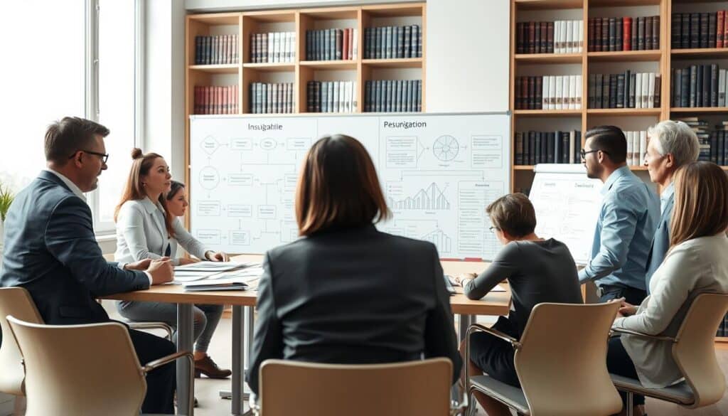 A professional office environment illustrating the concept of "praktyka likwidacyjna ubezpieczyciela." In the foreground, a diverse group of professionals in business attire is engaging in a serious discussion around a conference table laden with documents and graphs related to insurance claims. In the middle ground, a large whiteboard displays flowcharts and diagrams detailing mechanisms of compensation reductions. The background features shelves filled with books about insurance laws and regulations, adding depth to the scene. Soft, natural lighting streams through a large window, creating a calm and focused atmosphere. The perspective should be slightly angled to emphasize the table's activity, suggesting an in-depth analysis of insurance practices.