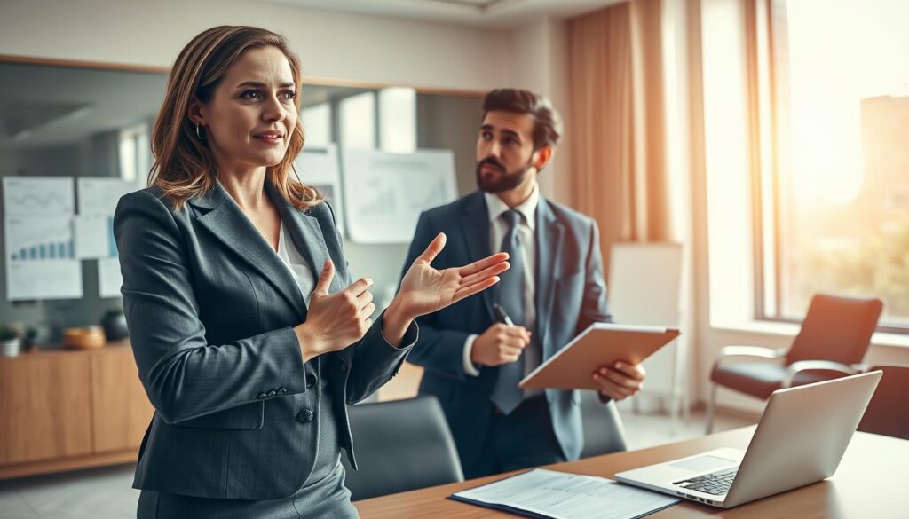 A professional office environment showcasing a meeting between two individuals discussing an insurance claim. In the foreground, a confident, well-dressed woman in a business suit is passionately explaining her rights concerning a compensation claim, while an attentive man, also in business attire, listens intently, holding a notepad. In the middle ground, a stylish, modern conference room filled with legal documents, charts, and a laptop, emphasizing a serious discussion atmosphere. The background features a large window letting in natural light, casting a warm glow on the scene, enhancing the feeling of determination and hope. The overall mood is serious yet empowering, reflecting the rights of individuals seeking compensation. The angle is slightly tilted to create depth, capturing both the subjects and their surroundings effectively. A professional office environment showcasing a meeting between two individuals discussing an insurance claim. In the foreground, a confident, well-dressed woman in a business suit is passionately explaining her rights concerning a compensation claim, while an attentive man, also in business attire, listens intently, holding a notepad. In the middle ground, a stylish, modern conference room filled with legal documents, charts, and a laptop, emphasizing a serious discussion atmosphere. The background features a large window letting in natural light, casting a warm glow on the scene, enhancing the feeling of determination and hope. The overall mood is serious yet empowering, reflecting the rights of individuals seeking compensation. The angle is slightly tilted to create depth, capturing both the subjects and their surroundings effectively.