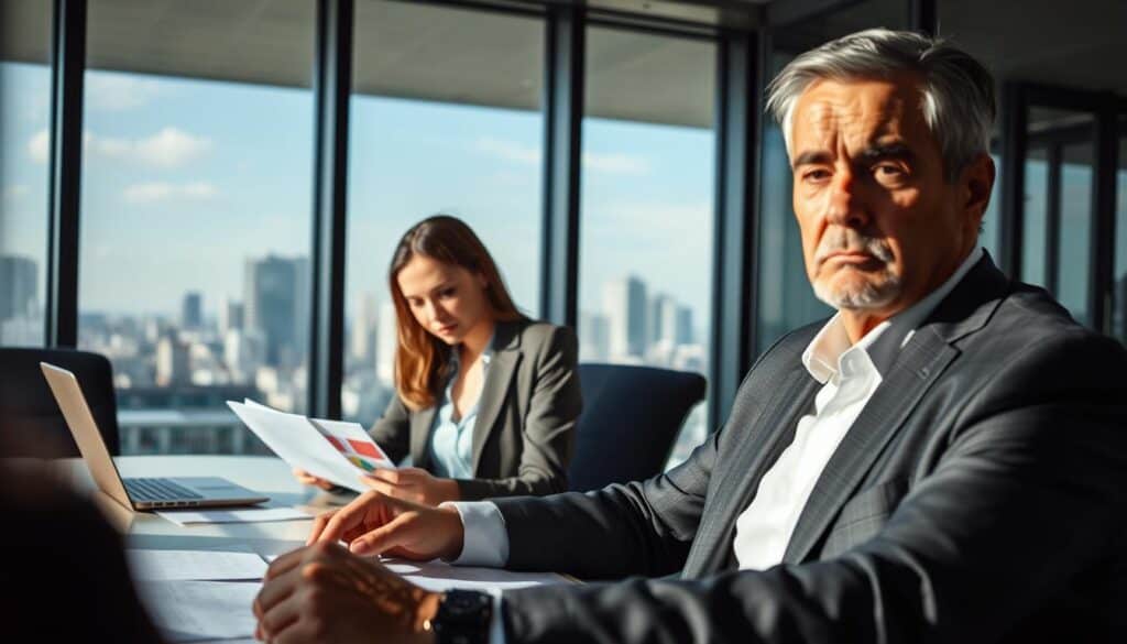 A professional office scene depicting a meeting between an insurance adjuster and a client discussing claims. In the foreground, a middle-aged man in a business suit is sitting at a conference table, reviewing documents with a concerned expression. The middle layer captures a young woman in professional attire, taking notes and analyzing charts on a laptop, with a focused demeanor. In the background, large windows let in natural light, revealing an urban skyline. The atmosphere is tense and serious, emphasizing the critical nature of the discussion. Soft shadows from the ambient lighting create depth, and the overall color palette is muted, reflecting the somber tone of the claims process.
