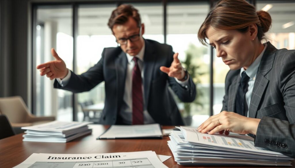 A professional office scene focused on a negotiation table; in the foreground, a concerned business person in professional attire looks over a stack of documents with the words "Insurance Claim" visible. In the middle, a second individual, also dressed business-appropriately, gestures emphatically while pointing at a table filled with numbers and charts indicating low compensation amounts. The background reveals a modern office environment with large windows, allowing natural light to flood the room. The atmosphere is tense and serious, capturing the frustration and complexity of dealing with reduced compensation claims. Use soft, diffused lighting to create a contemplative mood, with a slight focus on the faces of the individuals to highlight their emotions. A professional office scene focused on a negotiation table; in the foreground, a concerned business person in professional attire looks over a stack of documents with the words "Insurance Claim" visible. In the middle, a second individual, also dressed business-appropriately, gestures emphatically while pointing at a table filled with numbers and charts indicating low compensation amounts. The background reveals a modern office environment with large windows, allowing natural light to flood the room. The atmosphere is tense and serious, capturing the frustration and complexity of dealing with reduced compensation claims. Use soft, diffused lighting to create a contemplative mood, with a slight focus on the faces of the individuals to highlight their emotions.