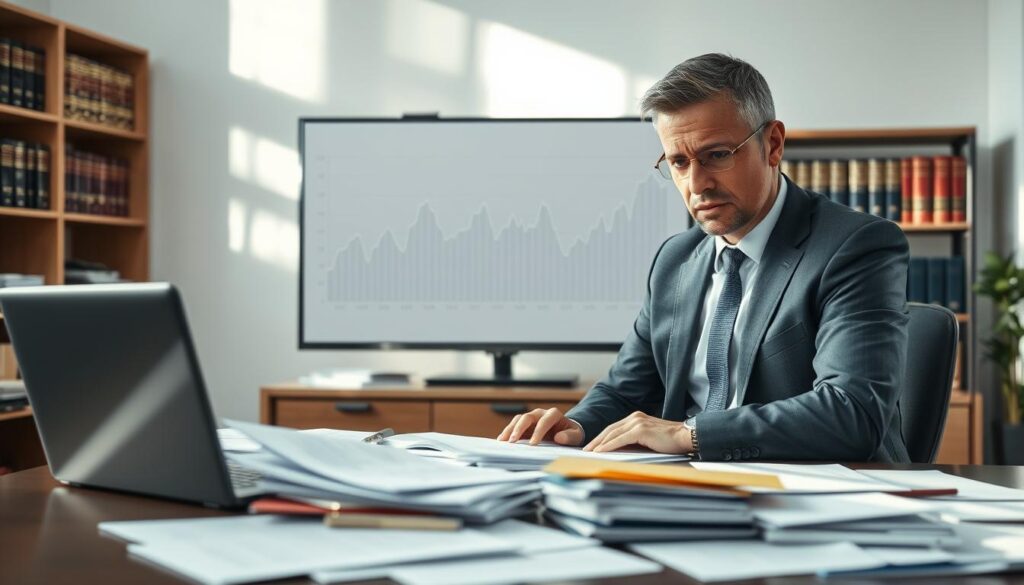 A professional office setting depicting an insurance claims scenario. In the foreground, a serious-looking business professional in a suit, with a concerned expression, is reviewing documents at a desk cluttered with papers and a laptop. In the middle, a large screen displays a graph showing fluctuating compensation amounts, emphasizing the theme of compensation reduction. The background features shelves filled with insurance manuals and legal books, hinting at the complexity of the insurance industry. Soft, natural lighting enters through a window, casting gentle shadows that create a thoughtful atmosphere. The image conveys a mood of tension and contemplation, reflecting the challenges individuals face with claims adjustments. A professional office setting depicting an insurance claims scenario. In the foreground, a serious-looking business professional in a suit, with a concerned expression, is reviewing documents at a desk cluttered with papers and a laptop. In the middle, a large screen displays a graph showing fluctuating compensation amounts, emphasizing the theme of compensation reduction. The background features shelves filled with insurance manuals and legal books, hinting at the complexity of the insurance industry. Soft, natural lighting enters through a window, casting gentle shadows that create a thoughtful atmosphere. The image conveys a mood of tension and contemplation, reflecting the challenges individuals face with claims adjustments.