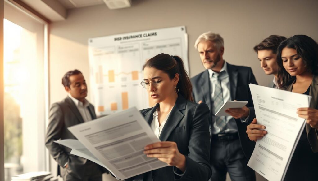 A professional office setting featuring a diverse group of business people analyzing documents related to insurance claims. In the foreground, a focused woman in professional attire examines a financial report, her expression indicating concern over the numbers. In the middle, a man gestures toward a large chart on the wall illustrating the damage assessment process, while another colleague takes notes. The background shows a large window letting in soft natural light, casting a warm glow over the room, creating a serious yet collaborative atmosphere. The lens focuses on the interactions, capturing details like the anxious expressions and the clutter of paperwork, symbolizing the complexities of underestimating compensation amounts. A professional office setting featuring a diverse group of business people analyzing documents related to insurance claims. In the foreground, a focused woman in professional attire examines a financial report, her expression indicating concern over the numbers. In the middle, a man gestures toward a large chart on the wall illustrating the damage assessment process, while another colleague takes notes. The background shows a large window letting in soft natural light, casting a warm glow over the room, creating a serious yet collaborative atmosphere. The lens focuses on the interactions, capturing details like the anxious expressions and the clutter of paperwork, symbolizing the complexities of underestimating compensation amounts.