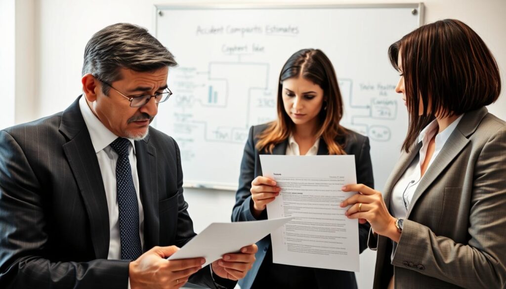 A professional office setting featuring a group of business people discussing an accident compensation case. In the foreground, a serious-looking man in a suit examines a document with a concerned expression, symbolizing the rejection of the compensation claim. In the middle, a woman in professional attire highlights points on a digital tablet, looking thoughtful and analytical. In the background, a whiteboard displays flowcharts and statistics related to compensation estimates, emphasizing a sense of urgency and detailed analysis. The lighting is bright and focused on the discussion area, creating a mood of seriousness and professionalism. The camera angle is slightly tilted to give a dynamic view of the conversations taking place, enhancing the atmosphere of a critical examination. A professional office setting featuring a group of business people discussing an accident compensation case. In the foreground, a serious-looking man in a suit examines a document with a concerned expression, symbolizing the rejection of the compensation claim. In the middle, a woman in professional attire highlights points on a digital tablet, looking thoughtful and analytical. In the background, a whiteboard displays flowcharts and statistics related to compensation estimates, emphasizing a sense of urgency and detailed analysis. The lighting is bright and focused on the discussion area, creating a mood of seriousness and professionalism. The camera angle is slightly tilted to give a dynamic view of the conversations taking place, enhancing the atmosphere of a critical examination.