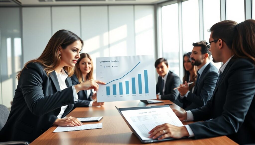 A professional office setting, featuring a group of diverse business people in formal attire gathered around a conference table. In the foreground, a female executive pointing at a chart displaying declining compensation figures, emphasizing negotiation dynamics. In the middle ground, another team member is taking notes, with a laptop open to insurance policy details. The background showcases a modern office with large windows, allowing soft, natural light to illuminate the scene, casting gentle shadows. The atmosphere is focused and tense, reflecting important decision-making processes. The camera angle is slightly tilted to accentuate the engagement among the team members while maintaining a clear view of the discussion materials on the table. A professional office setting, featuring a group of diverse business people in formal attire gathered around a conference table. In the foreground, a female executive pointing at a chart displaying declining compensation figures, emphasizing negotiation dynamics. In the middle ground, another team member is taking notes, with a laptop open to insurance policy details. The background showcases a modern office with large windows, allowing soft, natural light to illuminate the scene, casting gentle shadows. The atmosphere is focused and tense, reflecting important decision-making processes. The camera angle is slightly tilted to accentuate the engagement among the team members while maintaining a clear view of the discussion materials on the table.