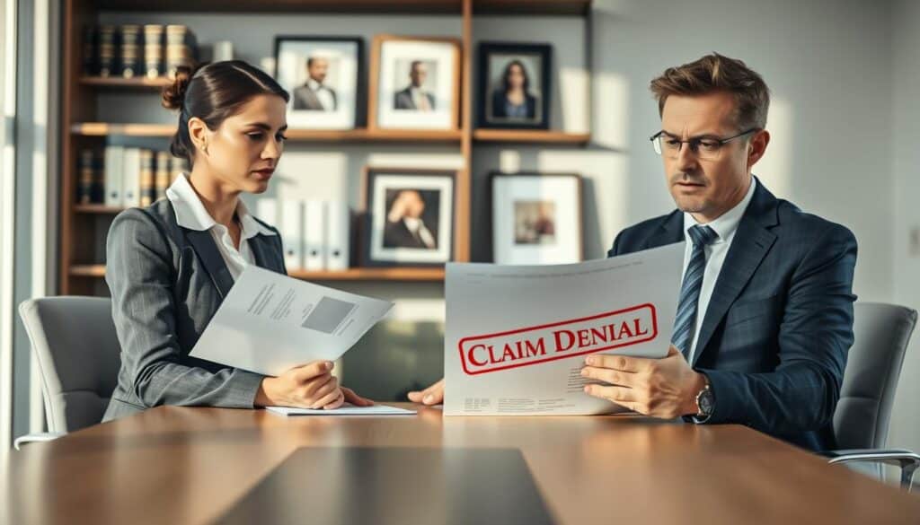 A professional office setting, featuring a well-dressed businesswoman and businessman seated at a modern conference table. The woman, looking concerned, reviews a document labeled "Claim Denial" with a red stamp, while the man, dressed in a formal suit, gestures thoughtfully as he explains the reasons for the denial. The background shows shelves filled with legal books and framed photographs of past successful claims. Soft, natural light streams in from a large window, casting gentle shadows across the room, creating a serious yet focused atmosphere. The camera angle is slightly elevated, emphasizing the discussion and the complexity of the situation, with a blurred effect on the background to keep the focus on the two characters and their interaction.