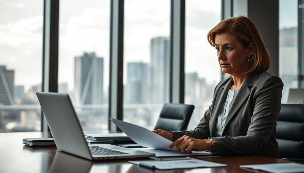 A professional office setting, focusing on a serious discussion about insurance claim denial. In the foreground, a well-dressed middle-aged woman sits at a desk, reviewing documents with a concerned expression, highlighting the stress of navigating insurance issues. In the middle ground, a laptop displays graphs and charts related to claim statistics, emphasizing analytical insights. In the background, a large window lets in natural light, illuminating a cityscape that symbolizes the broader insurance industry. The mood is tense yet focused, with subtle shadows indicating the gravity of the topic. Capture the essence of professionalism and critical analysis in this insurance-themed composition.