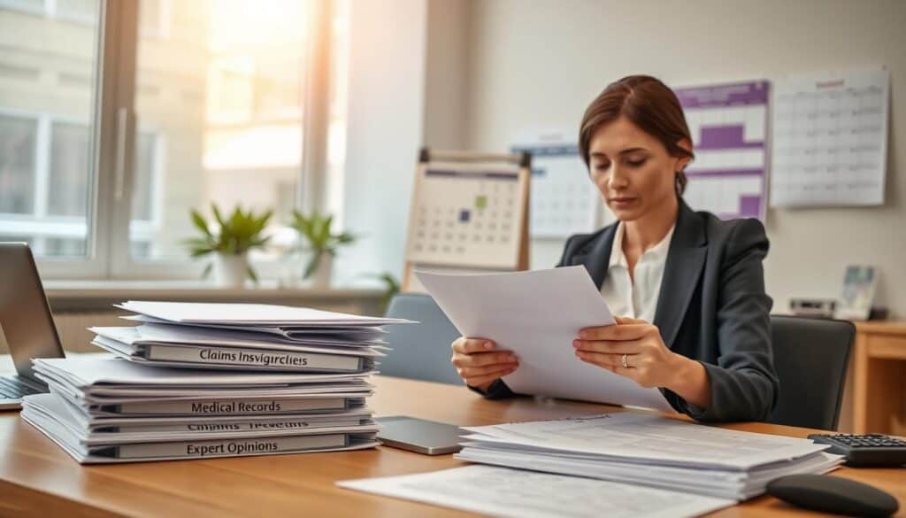 A professional office setting illuminated with soft, natural light streaming through large windows. In the foreground, a focused woman in business attire is reviewing various documents related to insurance claims and compensation verification, surrounded by a neat stack of papers, a laptop, and a calculator. In the middle, a wooden desk with an organized arrangement of files labeled "Claims Review," "Medical Records," and "Expert Opinions" to highlight the procedure's documentation aspect. In the background, a blurred calendar on the wall reflects important deadlines, emphasizing the urgency of the verification process. The atmosphere is one of diligence and professionalism, conveying a sense of careful assessment and thoroughness in handling compensation claims.