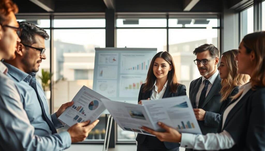 A professional office setting showcasing a diverse group of insurance agents in business attire, engaged in a collaborative discussion. In the foreground, a male and a female agent are reviewing documents and slides that illustrate factors affecting compensation claims. In the middle, a whiteboard displays charts and graphs related to compensation mechanisms and claim assessments. The background features a modern office with large windows, casting soft, natural light that creates a warm atmosphere. The overall mood conveys a sense of professionalism and analytical depth, highlighting the complexities of insurance processes. A camera angle captures the team from a slightly elevated perspective, emphasizing collaboration and focus on the critical subject matter.