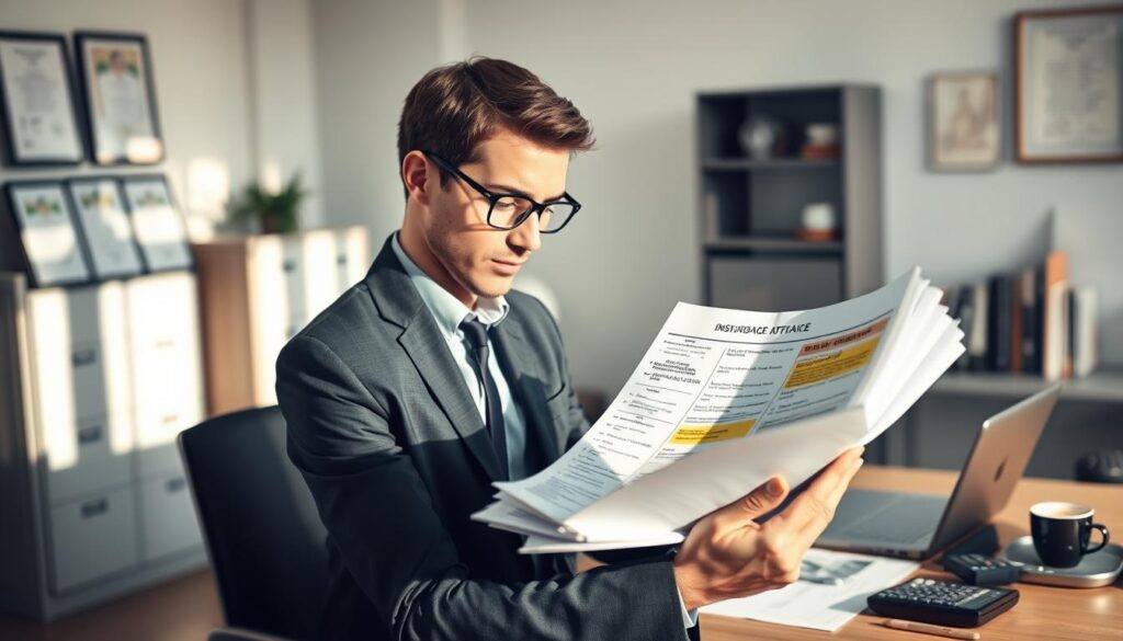 A professional office setting, showcasing a meticulously detailed scene of an insurance analyst reviewing a stack of damaged vehicle documentation. In the foreground, focus on a business professional, wearing a smart blazer and glasses, deeply engrossed in examining a file with highlighted sections and annotations. The middle layer features a modern desk with a laptop, a calculator, and coffee cup, surrounded by background elements like filing cabinets and framed certifications. Soft, natural lighting filters through a large window, casting gentle shadows, creating an atmosphere of seriousness and diligence. The image should capture the essence of thorough investigation and scrutiny in the context of insurance claims, reflecting the complexities tied to determining compensation amounts. A professional office setting, showcasing a meticulously detailed scene of an insurance analyst reviewing a stack of damaged vehicle documentation. In the foreground, focus on a business professional, wearing a smart blazer and glasses, deeply engrossed in examining a file with highlighted sections and annotations. The middle layer features a modern desk with a laptop, a calculator, and coffee cup, surrounded by background elements like filing cabinets and framed certifications. Soft, natural lighting filters through a large window, casting gentle shadows, creating an atmosphere of seriousness and diligence. The image should capture the essence of thorough investigation and scrutiny in the context of insurance claims, reflecting the complexities tied to determining compensation amounts.