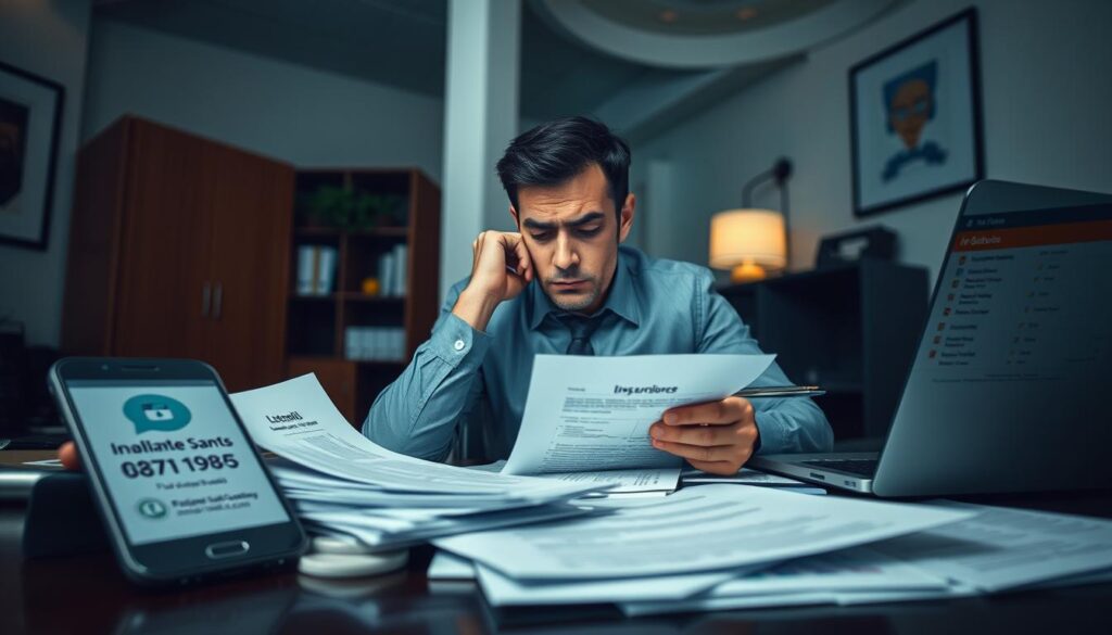 A professional office setting with a dimly lit atmosphere, featuring a worried individual sitting at a desk covered with paperwork and insurance documents, clearly expressing concern over a denied compensation claim. In the background, a smartphone and a laptop display various online resources and contact information for legal assistance. The foreground shows the individual with a furrowed brow, dressed in modest business attire, as they thoughtfully organize their papers. A soft overhead light casts gentle shadows, enhancing the mood of contemplation and uncertainty. The lens angle is slightly elevated, providing a wide view of the workspace, emphasizing the complexity of the situation and the steps to take after a denial. A professional office setting with a dimly lit atmosphere, featuring a worried individual sitting at a desk covered with paperwork and insurance documents, clearly expressing concern over a denied compensation claim. In the background, a smartphone and a laptop display various online resources and contact information for legal assistance. The foreground shows the individual with a furrowed brow, dressed in modest business attire, as they thoughtfully organize their papers. A soft overhead light casts gentle shadows, enhancing the mood of contemplation and uncertainty. The lens angle is slightly elevated, providing a wide view of the workspace, emphasizing the complexity of the situation and the steps to take after a denial.