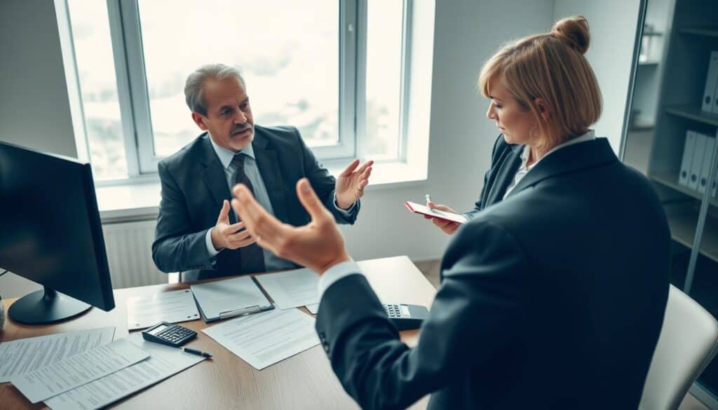 A professional office setting with a middle-aged man and woman in business attire engaged in a serious discussion. In the foreground, the man gestures expressively, indicating frustration, while the woman listens attentively, taking notes on a notepad. The middle layer features a desk scattered with documents related to insurance claims, form letters, and a calculator, emphasizing the administrative aspect of dealing with compensation refusals. In the background, a window reveals a cloudy sky, symbolizing uncertainty and concern. Soft, diffused lighting creates a somber mood, with a slight focus effect to draw attention to the subjects in a medium shot, capturing the tension and seriousness of the situation.