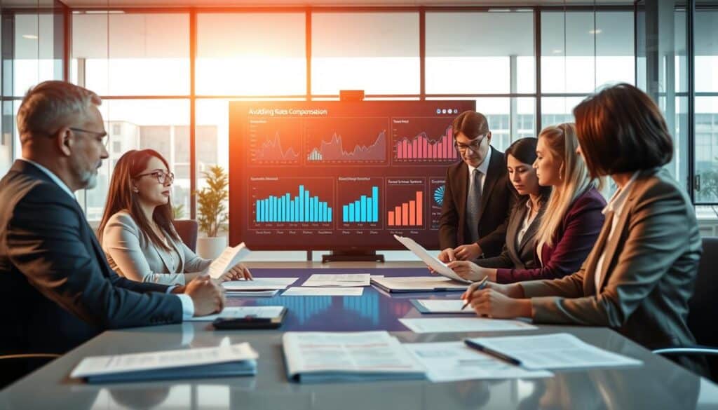 A professional setting depicting a business meeting focused on avoiding low insurance compensation. In the foreground, a diverse group of business professionals in business attire (men and women) engaged in a discussion, reviewing claims documents and insurance policies on a conference table. In the middle, a large digital screen displays analytical charts and graphs showing compensation rates and trends, symbolizing transparency and vigilance. The background features a modern office environment with glass walls and natural light streaming in, creating an atmosphere of professionalism and clarity. The image should convey a mood of determination and proactive strategies, framed with a warm color palette to suggest optimism and trust.
