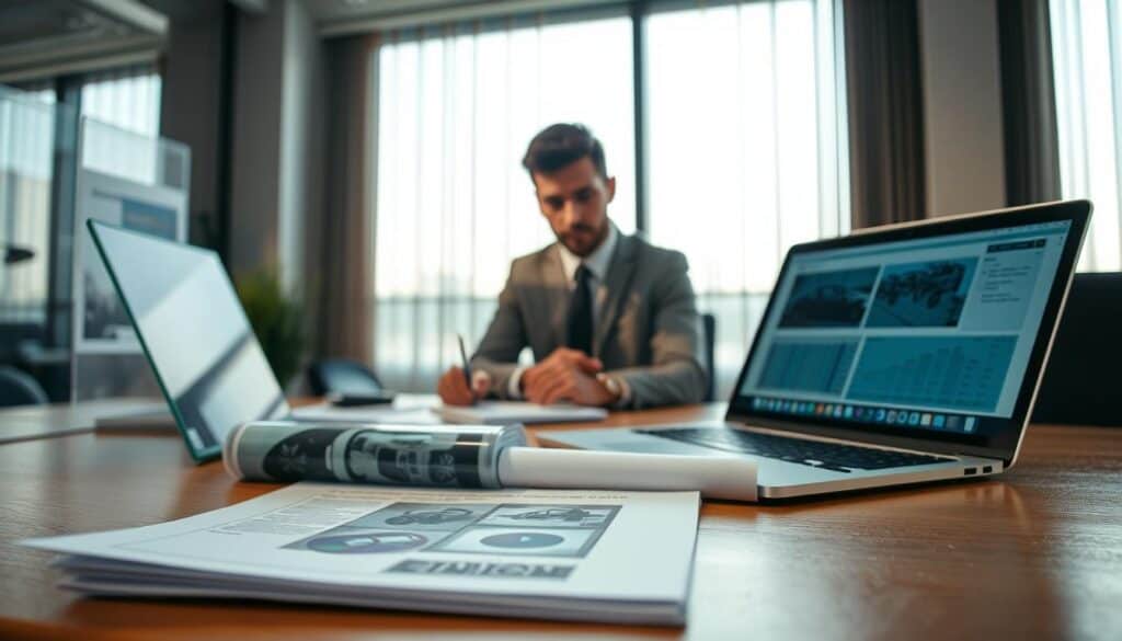 A professional setting illustrating the process of damage assessment, featuring a well-organized desk. In the foreground, a detailed open file with documents, photographs of a vehicle accident, and a laptop displaying analytical software. The middle ground includes a focused business professional in smart attire, reviewing the documents attentively. The background shows a large window with soft natural light filtering through, highlighting the seriousness of the task at hand. The ambiance conveys an atmosphere of diligence and expertise, emphasizing the importance of thorough documentation in insurance claims. The scene is captured from a slightly elevated angle, creating depth and engaging the viewer's attention.