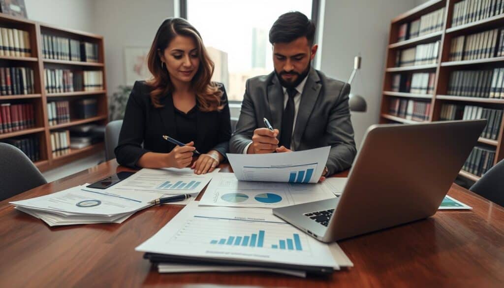 A professional, well-lit office space with a focus on a table covered in insurance documents and a laptop displaying graphs and charts related to claim assessments. In the foreground, a diverse group of two business professionals, a woman in a smart blazer and a man in a formal suit, are engaged in a discussion, analyzing the documents with pens in hand. In the middle ground, a large window lets in natural light, casting soft shadows, and showcasing a cityscape view. The background features bookshelves filled with legal books and insurance resources, emphasizing the theme of knowledge and awareness. The atmosphere is serious yet collaborative, reflecting a meticulous examination of insurance claims and awareness among insured individuals. The perspective is slightly angled to capture both the table and the professionals’ expressions of focus and determination.