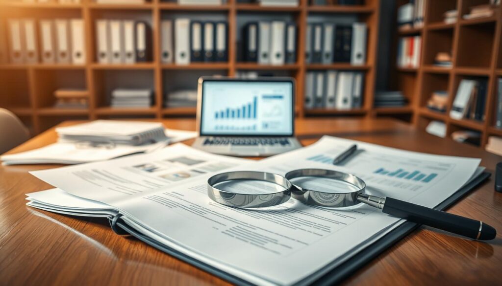 A professional workspace showcasing an organized insurance documentation analysis scene. In the foreground, an open file with various insurance policy documents, graphs, and a magnifying glass, symbolizing meticulous review. In the middle ground, a polished wooden table with a laptop displaying analytical software surrounded by paperwork, and a pen. In the background, a softly lit office environment with shelves filled with binders and books about insurance laws and regulations. The lighting is warm and inviting, creating a focused and serious atmosphere. The image captures the essence of diligence and professionalism in the insurance industry, emphasizing the importance of thorough documentation analysis. A professional workspace showcasing an organized insurance documentation analysis scene. In the foreground, an open file with various insurance policy documents, graphs, and a magnifying glass, symbolizing meticulous review. In the middle ground, a polished wooden table with a laptop displaying analytical software surrounded by paperwork, and a pen. In the background, a softly lit office environment with shelves filled with binders and books about insurance laws and regulations. The lighting is warm and inviting, creating a focused and serious atmosphere. The image captures the essence of diligence and professionalism in the insurance industry, emphasizing the importance of thorough documentation analysis.