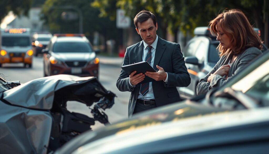 A realistic scene depicting a car accident aftermath, showcasing a damaged vehicle at the forefront, its crumpled fender and shattered glass illustrating the impact. In the middle ground, a concerned insurance adjuster in professional attire examines the damage, clipboard in hand, questioning a distressed car owner, who appears anxious and frustrated. The background features a blurred street with emergency vehicles, creating a sense of urgency. Soft, natural daylight filters through, casting subtle shadows that enhance the realism. The mood is tense and somber, reflecting the emotional weight of the situation, while focusing on the interaction between the adjuster and the car owner, highlighting issues of claims disputes and undervaluation. A realistic scene depicting a car accident aftermath, showcasing a damaged vehicle at the forefront, its crumpled fender and shattered glass illustrating the impact. In the middle ground, a concerned insurance adjuster in professional attire examines the damage, clipboard in hand, questioning a distressed car owner, who appears anxious and frustrated. The background features a blurred street with emergency vehicles, creating a sense of urgency. Soft, natural daylight filters through, casting subtle shadows that enhance the realism. The mood is tense and somber, reflecting the emotional weight of the situation, while focusing on the interaction between the adjuster and the car owner, highlighting issues of claims disputes and undervaluation.