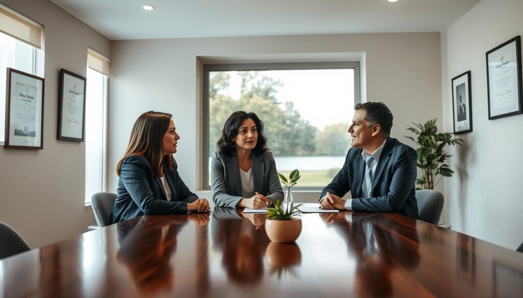 A serene mediation room focused on compensation dispute resolution. In the foreground, a diverse group of three professionals in business attire engaged in discussion around a polished wooden table, displaying an atmosphere of collaboration and negotiation. Their expressions are thoughtful and open. In the middle ground, a large, soft-lit window reveals a calm outdoor scene, symbolizing resolution and clarity. On the walls, framed certificates add professionalism, while a small potted plant introduces a touch of nature. The background features neutral tones, with soft lighting creating a warm, inviting atmosphere. The overall mood conveys the importance of mediation in achieving fair compensation outcomes, emphasizing a sense of hope and professionalism. A serene mediation room focused on compensation dispute resolution. In the foreground, a diverse group of three professionals in business attire engaged in discussion around a polished wooden table, displaying an atmosphere of collaboration and negotiation. Their expressions are thoughtful and open. In the middle ground, a large, soft-lit window reveals a calm outdoor scene, symbolizing resolution and clarity. On the walls, framed certificates add professionalism, while a small potted plant introduces a touch of nature. The background features neutral tones, with soft lighting creating a warm, inviting atmosphere. The overall mood conveys the importance of mediation in achieving fair compensation outcomes, emphasizing a sense of hope and professionalism.