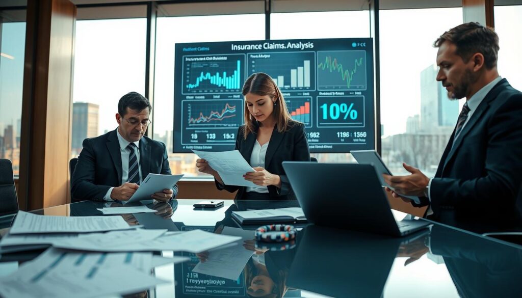 A serious scene depicting an accident analysis in a modern office setting. In the foreground, a group of three professionals in business attire—two men and one woman—are examining papers and accident reports on a sleek glass conference table. The woman, focused, is pointing to a document, while the men take notes on laptops. In the middle ground, a large digital screen displays graphs and statistics related to insurance claims and denial cases. The background features a large window with a cityscape visible, letting in soft, natural light. The overall mood is analytical and tense, reflecting the gravity of the analysis. The image should be captured with a shallow depth of field to emphasize the foreground action while slightly blurring the background. A serious scene depicting an accident analysis in a modern office setting. In the foreground, a group of three professionals in business attire—two men and one woman—are examining papers and accident reports on a sleek glass conference table. The woman, focused, is pointing to a document, while the men take notes on laptops. In the middle ground, a large digital screen displays graphs and statistics related to insurance claims and denial cases. The background features a large window with a cityscape visible, letting in soft, natural light. The overall mood is analytical and tense, reflecting the gravity of the analysis. The image should be captured with a shallow depth of field to emphasize the foreground action while slightly blurring the background.