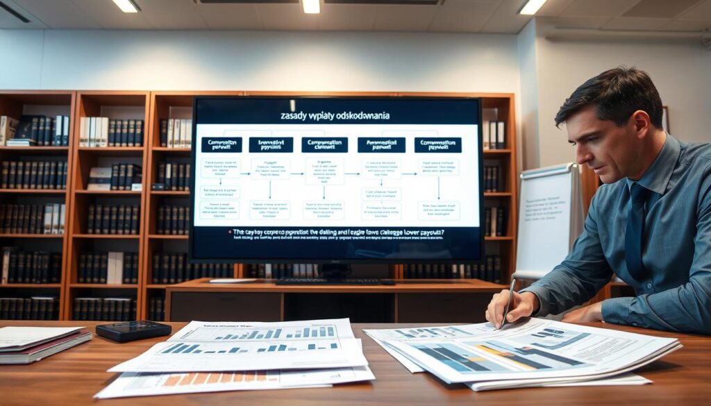 A visual representation of "zasady wypłaty odszkodowania" featuring a professional setting. In the foreground, a business person in formal attire is reviewing documents on a desk, displaying charts and graphs related to compensation claims. The middle ground includes a large digital screen showing flowcharts of the compensation process, highlighting key steps and arguments for challenging lower payouts. The background features a modern office environment with bookshelves filled with legal texts and case studies. The lighting is bright and professional, with soft shadows creating a focused atmosphere. The angle captures the scene from a slightly elevated perspective, enhancing the importance and seriousness of the topic, evoking a mood of diligence and meticulous analysis. A visual representation of "zasady wypłaty odszkodowania" featuring a professional setting. In the foreground, a business person in formal attire is reviewing documents on a desk, displaying charts and graphs related to compensation claims. The middle ground includes a large digital screen showing flowcharts of the compensation process, highlighting key steps and arguments for challenging lower payouts. The background features a modern office environment with bookshelves filled with legal texts and case studies. The lighting is bright and professional, with soft shadows creating a focused atmosphere. The angle captures the scene from a slightly elevated perspective, enhancing the importance and seriousness of the topic, evoking a mood of diligence and meticulous analysis.