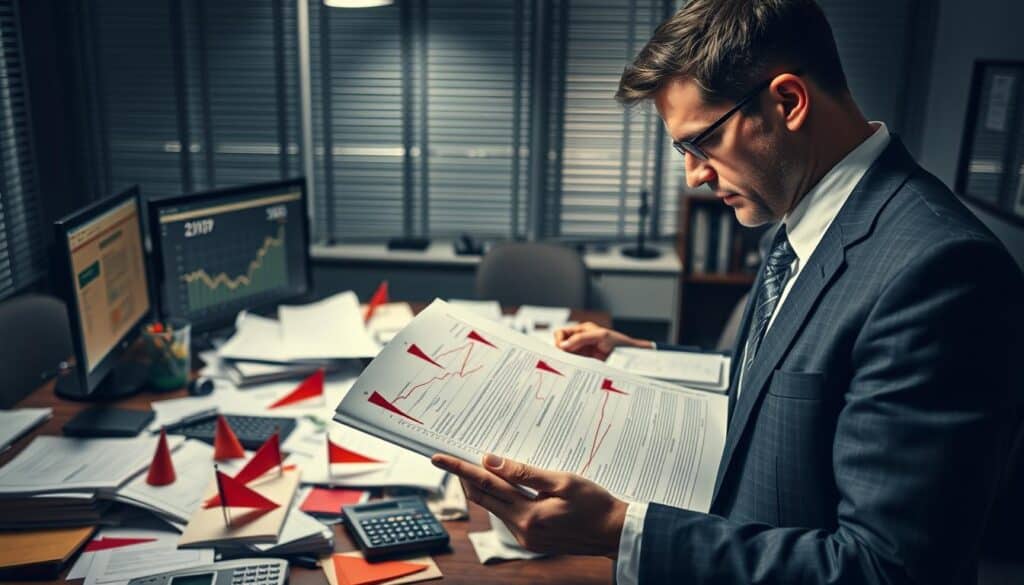 A visually intricate scene depicting the concept of "traps in the claims process." In the foreground, a business professional in a smart suit analyzes paperwork covered with red flags and caution symbols, looking concerned. In the middle ground, a large desk is cluttered with documents, calculators, and a computer displaying graphs indicating declining compensation rates. In the background, a dimly lit room with shadows cast by blinds suggests a tense atmosphere, conveying doubt and uncertainty. The lighting is soft but focused, highlighting the subject's expression and the chaotic arrangement of papers, evoking a mood of caution and awareness in navigating the insurance claims process. The angle should be slightly tilted for dynamic tension.