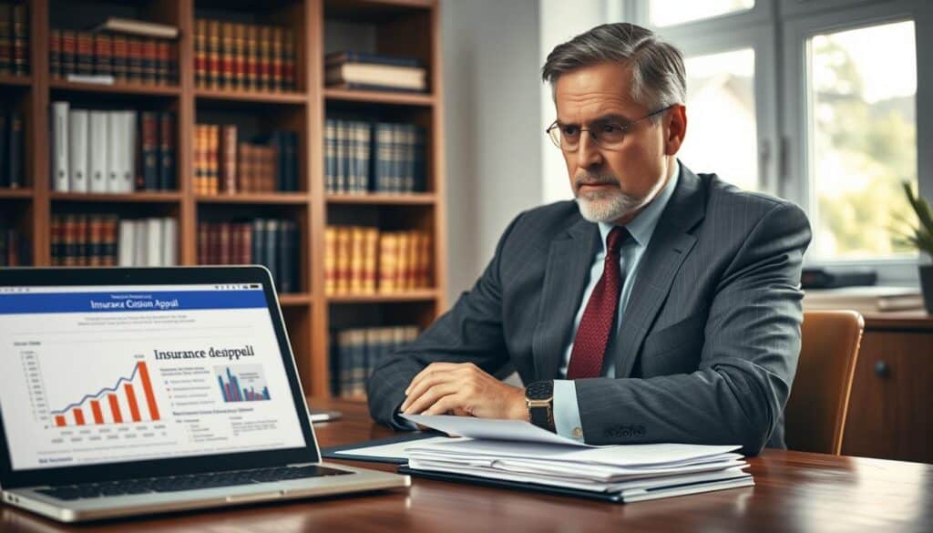 A well-dressed middle-aged man sitting at a wooden desk, looking thoughtfully at a stack of paperwork titled "Insurance Decision Appeal" in front of him, with a concerned expression on his face. In the foreground, a laptop displaying a document with graphs and figures related to insurance claims. The middle background shows a bookshelf filled with law books and insurance literature, while a window with soft, natural light filters in from the back, illuminating the scene. The atmosphere is serious yet hopeful, reflecting the determination to challenge an unfair insurance decision. The image should be composed with a slight depth of field to draw attention to the man and the papers on his desk while keeping the background in soft focus.