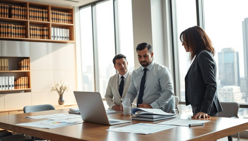 Visualize a professional office environment depicting the claims process for insurance compensation denial. In the foreground, include a diverse group of three business professionals—two men and a woman—dressed in formal business attire, engaged in a discussion around a large table covered with documents and a laptop. In the middle ground, show a large window with soft natural light pouring in, highlighting charts and legal papers related to the claims process. The background features shelves filled with law books and a modern city skyline visible through the window. The atmosphere is serious yet focused, emphasizing the importance of the appeals process in insurance claims. The lighting is bright but not harsh, creating a professional and informative mood. Visualize a professional office environment depicting the claims process for insurance compensation denial. In the foreground, include a diverse group of three business professionals—two men and a woman—dressed in formal business attire, engaged in a discussion around a large table covered with documents and a laptop. In the middle ground, show a large window with soft natural light pouring in, highlighting charts and legal papers related to the claims process. The background features shelves filled with law books and a modern city skyline visible through the window. The atmosphere is serious yet focused, emphasizing the importance of the appeals process in insurance claims. The lighting is bright but not harsh, creating a professional and informative mood.