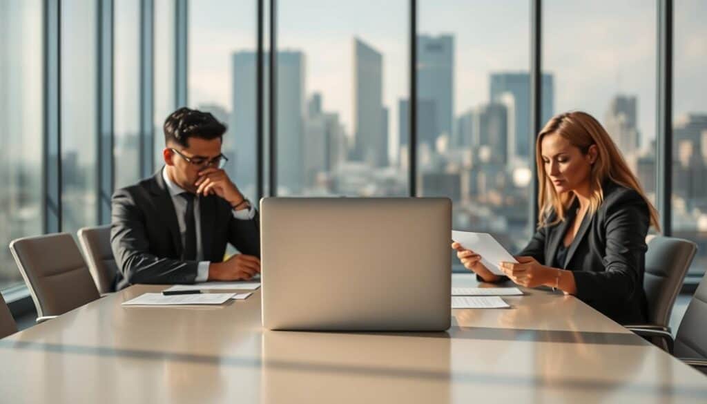 A business meeting scene in a modern office illustrating the rejection of an insurance claim. In the foreground, a diverse group of two professionals in business attire—a man and a woman—are seated at a sleek conference table, expressing concern and disappointment as they review documents. In the middle, a laptop displays an email notification with the words "Claim Denied" visible on the screen. In the background, large windows let in natural light, illuminating a city skyline, emphasizing the high-stakes nature of insurance claims. The atmosphere is tense yet professional, highlighting the impacts of legal regulations on claim processing. Soft shadows and a slight depth of field create a focus on the subjects while the background remains slightly blurred. A business meeting scene in a modern office illustrating the rejection of an insurance claim. In the foreground, a diverse group of two professionals in business attire—a man and a woman—are seated at a sleek conference table, expressing concern and disappointment as they review documents. In the middle, a laptop displays an email notification with the words "Claim Denied" visible on the screen. In the background, large windows let in natural light, illuminating a city skyline, emphasizing the high-stakes nature of insurance claims. The atmosphere is tense yet professional, highlighting the impacts of legal regulations on claim processing. Soft shadows and a slight depth of field create a focus on the subjects while the background remains slightly blurred.