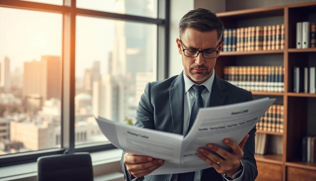 A business office setting with a professional financial advisor reviewing insurance claim documents. In the foreground, the advisor, dressed in smart business attire, is intently studying a stack of papers and a laptop; the expression is focused and serious. In the middle ground, a large window lets in natural light, illuminating a modern office space with shelves filled with books on insurance and law. The background features a cityscape view, hinting at the broader context of financial and legal considerations. The atmosphere feels tense yet determined, emphasizing the importance of taking action when an insurance claim is disputed. Soft, warm lighting creates a sense of professionalism and urgency.