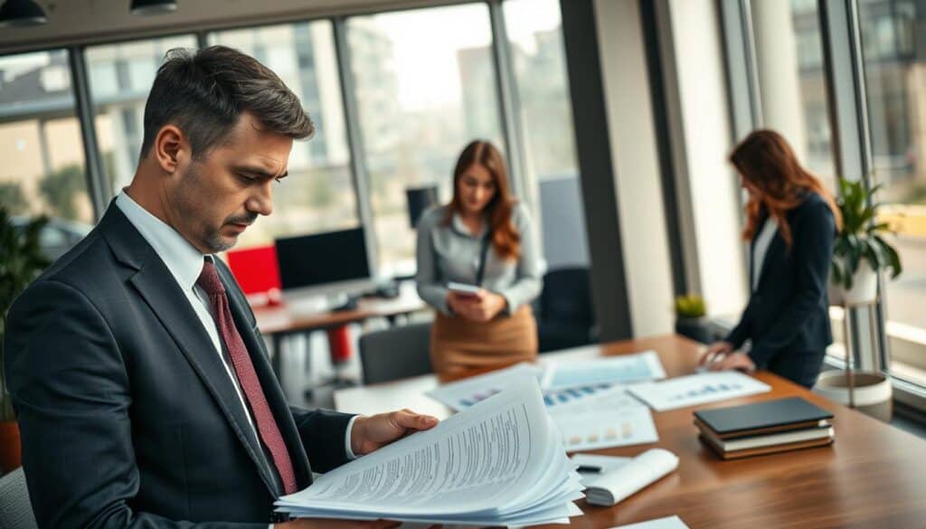 A busy office environment conveying the theme of insurance claim assessment, with a focus on "kontrola likwidacyjna." In the foreground, a professional man in a tailored suit examines a stack of insurance documents, looking pensive and analytical. In the middle, a female insurance adjuster, dressed in a smart blouse and skirt, discusses points with her colleague over a desk filled with charts and graphs, emphasizing data analysis. The background features a modern office with large windows allowing soft, natural light to flood the room, further highlighting the seriousness of the task at hand. The atmosphere is tense yet focused, capturing the essence of minimalization techniques in claims adjustments.
