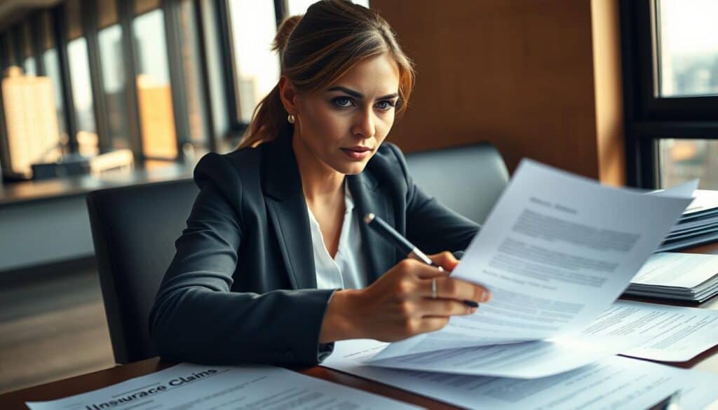 A close-up view of a professional woman in business attire sitting at a desk filled with paperwork related to insurance claims. She is thoughtfully reviewing a letter of appeal, with a look of determination on her face. In the background, a window reveals a cityscape, softly illuminated by warm afternoon light that casts gentle shadows across the room. The focus is on the woman's engaged expression while holding a pen, highlighting her as an empowered figure navigating the complexities of insurance disputes. The atmosphere conveys a sense of seriousness and professionalism, emphasizing the importance of advocating for fair compensation. A close-up view of a professional woman in business attire sitting at a desk filled with paperwork related to insurance claims. She is thoughtfully reviewing a letter of appeal, with a look of determination on her face. In the background, a window reveals a cityscape, softly illuminated by warm afternoon light that casts gentle shadows across the room. The focus is on the woman's engaged expression while holding a pen, highlighting her as an empowered figure navigating the complexities of insurance disputes. The atmosphere conveys a sense of seriousness and professionalism, emphasizing the importance of advocating for fair compensation.