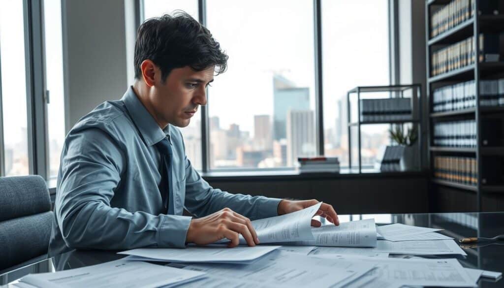 A conceptual image of a claims adjuster in a modern office environment, dressed in professional business attire, reviewing detailed insurance documents on a sleek desk. The foreground features scattered paperwork marked with various figures and annotations, illustrating complex calculations and adjustments. In the middle ground, a large window shows a city skyline, casting natural light that highlights the intense focus on the adjuster’s face. In the background, shelves are filled with law books and policy documentation, symbolizing the intricate nature of insurance claims. The overall mood is serious and analytical, capturing the essence of evaluating damages and compensation processes, with a color palette of cool blues and grays to evoke professionalism and concentration.