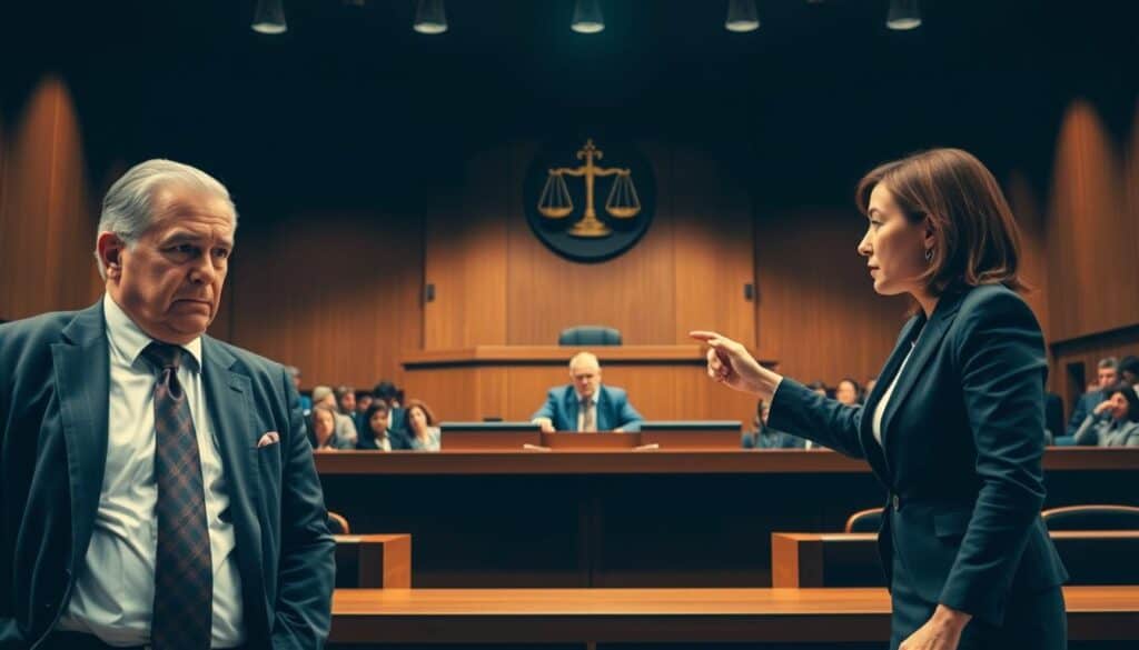 A courtroom scene illustrating a conflict between an insurance company and a claimant. In the foreground, a middle-aged man in professional business attire, looking anxious and determined, stands next to his legal representative. The legal representative, a woman in a tailored suit, points toward the judge, emphasizing her argument. In the middle ground, a stern-looking judge sits at the bench, observing the proceedings with a focused gaze, while behind him, a large emblem of a justice scale symbolizes fairness. The background features rows of spectators, adding depth to the scene, with a dramatic overhead light casting shadows that enhance the tense atmosphere of the courtroom. Soft, muted colors evoke seriousness and urgency in this legal battle over denied claims.