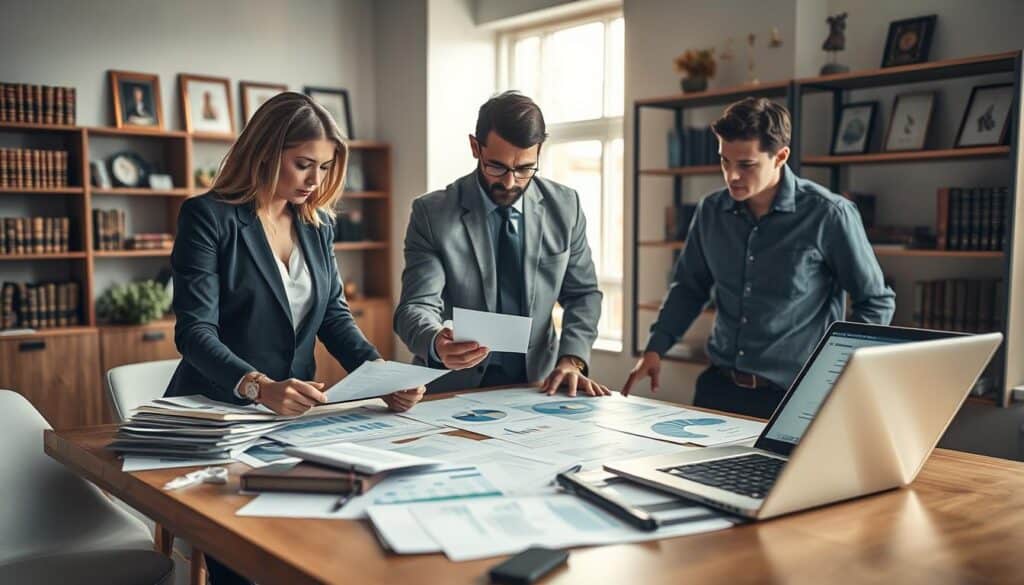 A detailed analysis scene set in a professional office environment focused on insurance claim evaluations. In the foreground, a diverse group of three professionals – a woman in a smart blazer, a man in a tailored suit, and a second man wearing a business casual shirt – intently reviewing documents and graphs. The middle ground features a large table cluttered with charts, insurance policy documents, and a laptop displaying a claim analysis software interface. The background is a softly lit office with shelves containing legal books and framed awards, enhancing the corporate ambiance. Natural daylight streams through a large window, casting a warm glow on the scene, creating a serious yet collaborative atmosphere. The composition aims to evoke a sense of diligence and professionalism in handling insurance cases.