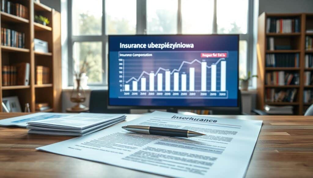 A detailed and professional insurance contract ("umowa ubezpieczeniowa") is prominently displayed on a wooden desk in a modern, well-lit office environment. In the foreground, a neatly arranged stack of documents and a pen suggest readiness for signing. In the middle, a semi-transparent screen shows a digital chart illustrating insurance compensation trends, hinting at consumer awareness and education. The background features a large window with natural sunlight streaming in, casting soft shadows, and a bookshelf filled with legal and financial literature. The overall atmosphere is informative and serious, underscoring the importance of consumer education regarding insurance claims. The image should evoke a sense of professionalism and trust.