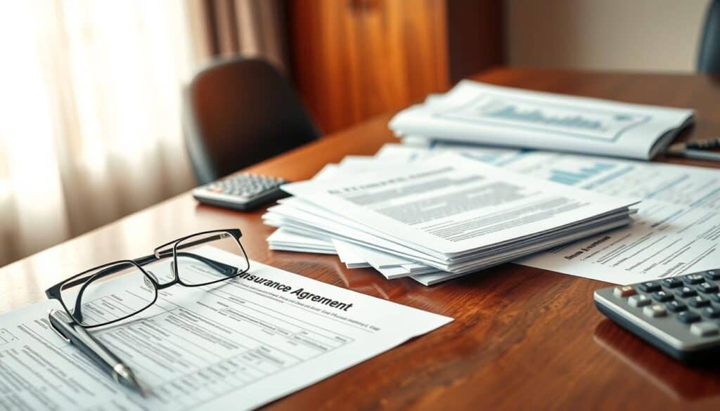 A detailed and visually engaging composition of insurance agreements spread out on a polished wooden desk, showcasing various contracts with graphs and charts partially visible. In the foreground, a pair of reading glasses rests beside a pen and a calculator, emphasizing careful scrutiny. The middle layer includes a well-organized stack of documents labeled with terms like "exclusions" and "claims process," subtly hinting at the pitfalls of insurance negotiations. In the background, a soft-focus image of a window allows natural light to fill the room, creating a calm yet serious atmosphere. The overall mood conveys professionalism and an analytical approach to understanding the nuances and traps in insurance policies. The composition should be well-lit with warm tones, making the scene inviting but focused on the serious subject matter.