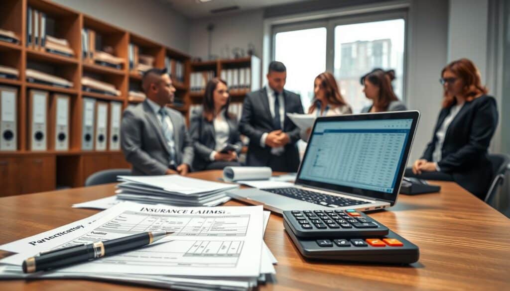 A detailed scene of a professional office environment focused on insurance documentation. In the foreground, an organized desk featuring neatly stacked insurance claim forms, a pen, and a calculator, with a laptop showing a spreadsheet of claims data. In the middle, a diverse group of business professionals, dressed in smart business attire, engaged in a discussion about the claims process, emphasizing collaboration and analysis. The background includes shelves filled with file folders and a large window letting in natural light, creating a warm and focused atmosphere. The lighting is soft yet bright, enhancing the sense of professionalism and urgency in the environment. The overall mood conveys diligence and careful scrutiny in processing insurance claims.