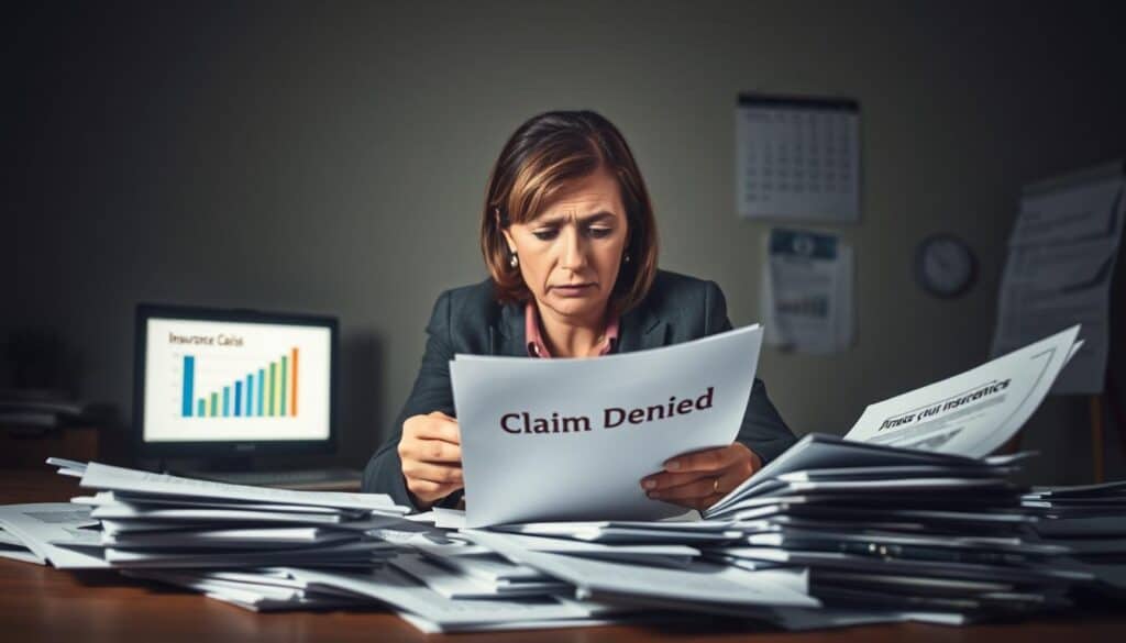 A dramatic scene depicting a frustrated individual sitting at a desk with a pile of insurance documents scattered around. In the foreground, the person, a middle-aged Caucasian woman in professional attire, has a contemplative expression while looking at a letter labeled "Claim Denied." The middle ground reveals a dimly lit office space with a computer screen glowing faintly, highlighting graphs and charts related to insurance claims. In the background, a calendar on the wall shows deadlines approaching, adding tension to the atmosphere. Soft, muted lighting casts shadows, creating a sense of urgency and disappointment. The overall mood conveys frustration and confusion, symbolizing the common reasons for claim denials. A dramatic scene depicting a frustrated individual sitting at a desk with a pile of insurance documents scattered around. In the foreground, the person, a middle-aged Caucasian woman in professional attire, has a contemplative expression while looking at a letter labeled "Claim Denied." The middle ground reveals a dimly lit office space with a computer screen glowing faintly, highlighting graphs and charts related to insurance claims. In the background, a calendar on the wall shows deadlines approaching, adding tension to the atmosphere. Soft, muted lighting casts shadows, creating a sense of urgency and disappointment. The overall mood conveys frustration and confusion, symbolizing the common reasons for claim denials.