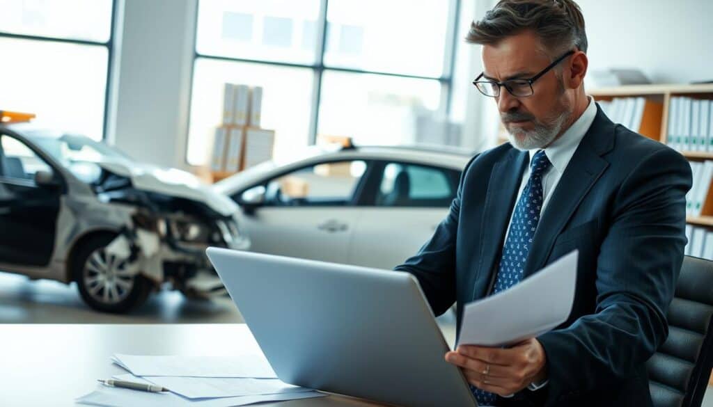 A focused image depicting a claims adjuster assessing damages in a well-lit office environment. In the foreground, a middle-aged professional in business attire examines documents and a laptop, showcasing a serious expression. In the middle ground, a damaged vehicle can be seen through a large window, emphasizing the context of the claim. The background includes shelves filled with insurance manuals and organized paperwork, creating a sense of professionalism and organization. The lighting is bright and even, highlighting the adjuster's meticulous approach to their work. The mood is one of determination and diligence as the adjuster navigates the complexities of the claims process. A focused image depicting a claims adjuster assessing damages in a well-lit office environment. In the foreground, a middle-aged professional in business attire examines documents and a laptop, showcasing a serious expression. In the middle ground, a damaged vehicle can be seen through a large window, emphasizing the context of the claim. The background includes shelves filled with insurance manuals and organized paperwork, creating a sense of professionalism and organization. The lighting is bright and even, highlighting the adjuster's meticulous approach to their work. The mood is one of determination and diligence as the adjuster navigates the complexities of the claims process.