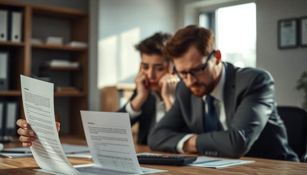 A frustrated insurance claimant sitting at a desk in an office, wearing professional business attire, glancing at a document with a look of disbelief over a low compensation offer. In the foreground, a close-up shot of the document displaying a clear but insufficient compensation amount. In the middle ground, a concerned insurance agent in smart business attire, looking apologetic with a calculator and graphs on the table. The background features a blurred office environment with shelves of files and certificates on the walls. Soft, natural lighting streaming through a window enhances the serious mood, evoking a sense of anxiety and challenge in the insurance claim process. The image captures the emotional tension involved in dealing with insurance disputes in Germany.