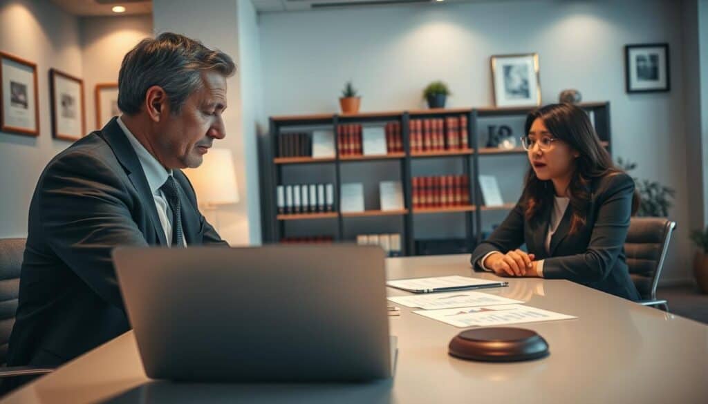 A professional and visually engaging scene depicting a legal consultation regarding motor vehicle claims. In the foreground, a lawyer in business attire is intently discussing with a client, who looks concerned yet hopeful, seated at a sleek modern desk. In the middle ground, a laptop shows graphs of insurance data alongside legal documents. The background features a well-organized office with shelves of legal books and framed certificates, softly illuminated by warm overhead lighting. The atmosphere conveys a sense of urgency yet reassurance, highlighting the supportive role of legal expertise in navigating insurance disputes. The angle is slightly elevated, focusing on the interaction between the lawyer and the client, capturing both their expressions of determination and trust.