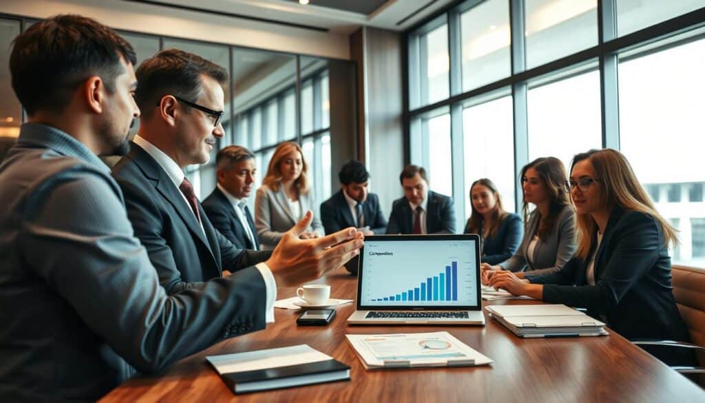 A professional business setting depicting a meeting scenario focused on financial consultations. In the foreground, a well-dressed consultant gesturing towards a laptop displaying graphs and data, emphasizing compensation analysis. Surrounding the consultant, diverse professionals in business attire, engaged and listening attentively, some taking notes. The middle background features a sophisticated office environment, with large windows allowing natural light to flood the room, enhancing clarity and focus. An atmosphere of collaboration and seriousness, with soft, warm lighting to create an inviting yet professional mood. The angle is slightly above eye level, capturing the dynamics of the interaction while maintaining a clear view of the documents on the table.