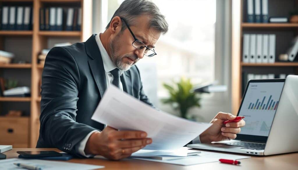 A professional business setting featuring an insurance claims adjuster reviewing documents in front of a desk. In the foreground, a focused middle-aged man in a suit examines a pile of paperwork, highlighting key points with a red pen. In the middle ground, a laptop displays charts and graphs related to claims data. The background shows a shelf filled with insurance books and a window allowing soft, natural light to illuminate the scene, creating a sense of urgency and professionalism. The atmosphere is serious and analytical, with a focus on empowering the viewer to understand their rights during the claims process. The image should be captured from a slight angle to showcase the depth of the office environment, maintaining a sharp focus on the subject. A professional business setting featuring an insurance claims adjuster reviewing documents in front of a desk. In the foreground, a focused middle-aged man in a suit examines a pile of paperwork, highlighting key points with a red pen. In the middle ground, a laptop displays charts and graphs related to claims data. The background shows a shelf filled with insurance books and a window allowing soft, natural light to illuminate the scene, creating a sense of urgency and professionalism. The atmosphere is serious and analytical, with a focus on empowering the viewer to understand their rights during the claims process. The image should be captured from a slight angle to showcase the depth of the office environment, maintaining a sharp focus on the subject.