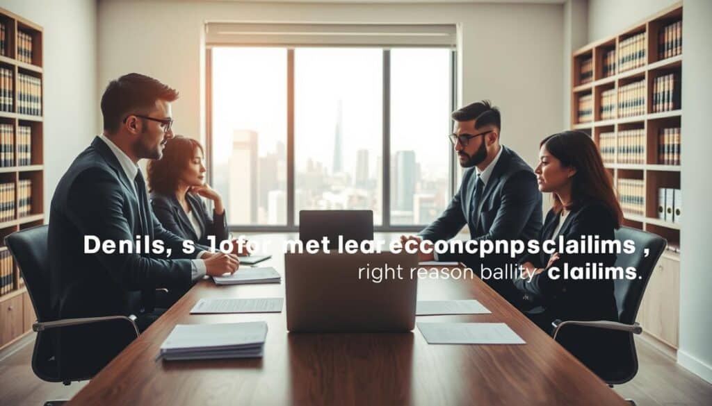 A professional business setting illustrating the reasons for denial of compensation claims. In the foreground, a diverse group of three business professionals, dressed in smart business attire, engage in a serious discussion at a wooden conference table covered with documents and a laptop. In the middle, a large window shows a city skyline, allowing natural light to illuminate the room and create a sense of transparency and openness. In the background, shelves filled with legal books and files hint at corporate structure and legal context. The mood is analytical yet contemplative, with an atmosphere of urgency conveying the importance of the right to information regarding decision foundations. Soft shadows add depth to the scene, enhancing the professional tone.