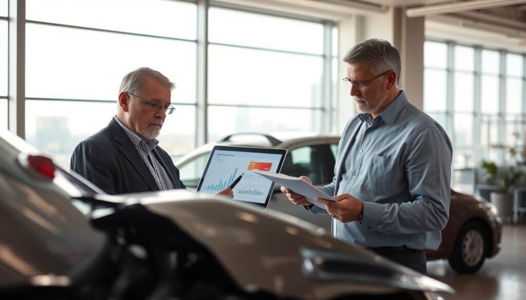 A professional insurance adjuster examining a damaged vehicle in a well-lit office environment, highlighting the detailed assessment of the car's condition. In the foreground, focus on the adjuster, a middle-aged person wearing business attire, holding a clipboard and noting crucial details about the damage. In the middle ground, an open laptop displays graphs and insurance estimates. The background features a large window letting in natural light, with a view of a cityscape, creating an atmosphere of seriousness and attention to detail. The image should convey a sense of professionalism and diligence, emphasizing the importance of damage evaluation in determining insurance compensation. A professional insurance adjuster examining a damaged vehicle in a well-lit office environment, highlighting the detailed assessment of the car's condition. In the foreground, focus on the adjuster, a middle-aged person wearing business attire, holding a clipboard and noting crucial details about the damage. In the middle ground, an open laptop displays graphs and insurance estimates. The background features a large window letting in natural light, with a view of a cityscape, creating an atmosphere of seriousness and attention to detail. The image should convey a sense of professionalism and diligence, emphasizing the importance of damage evaluation in determining insurance compensation.